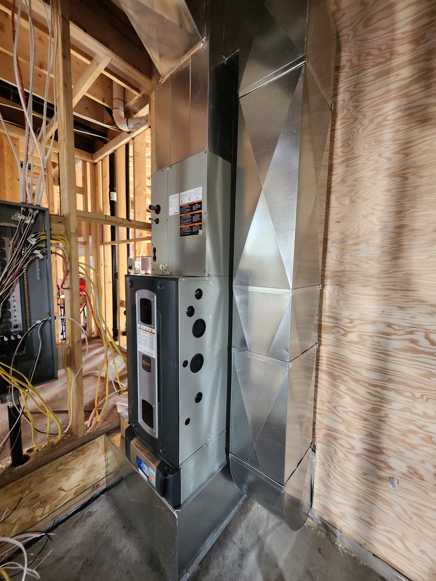 Mechanical room with new forced air furnace install, new construction, Salmon Arm BC
